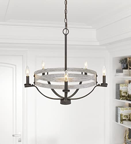 Cal 60W x 5 Metal Chandelier, Natural Wood/Iron, Model FX-3733-5, 25 x 25 x 22.5 Inches