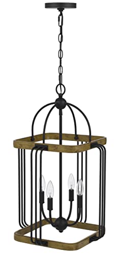 Cal Lighting FX-3772-4 Industrial Metal Chandelier, Iron/Oak, 15.75inW x 25.88inH