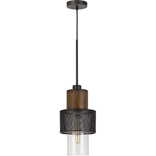 Cal Lighting FX-3726-1P Transitional One Light Pendant, 8 inches, Black Finish, Metal/Glass/Pine Wood
