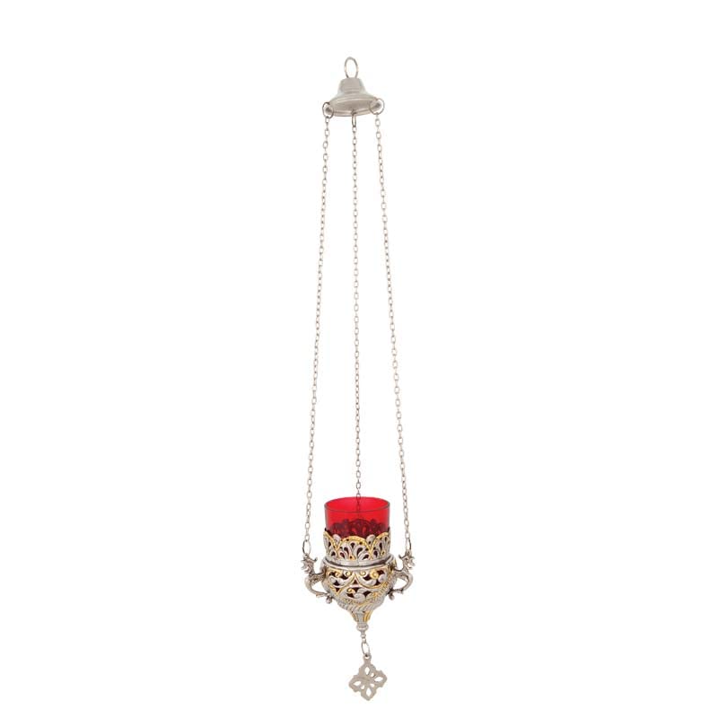 Iconsgr Orthodox Greek Christian Bronze Hanging Votive Vigil Oil Lamp With Chain And Red Glass - 9503Gn