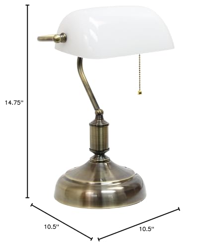 Simple Designs Lt3216-Wht Executive Banker'S Desk Lamp With Glass Shade, White, Antique Nickel/White, 10 X 8.66 X 14.75