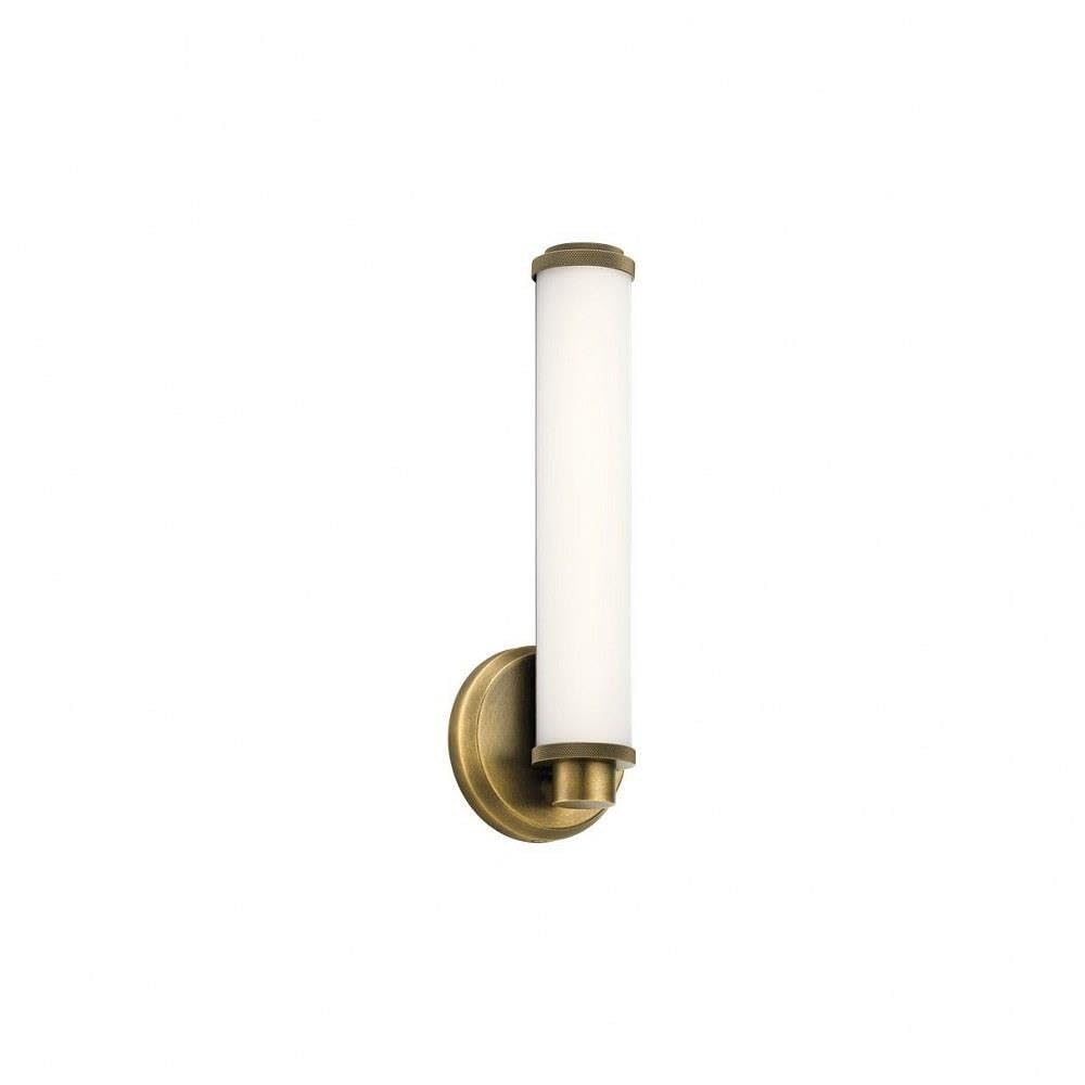 Kichler Indeco 14.5 LED Linear Vanity Light with Satin Etched White Glass in Natural Brass