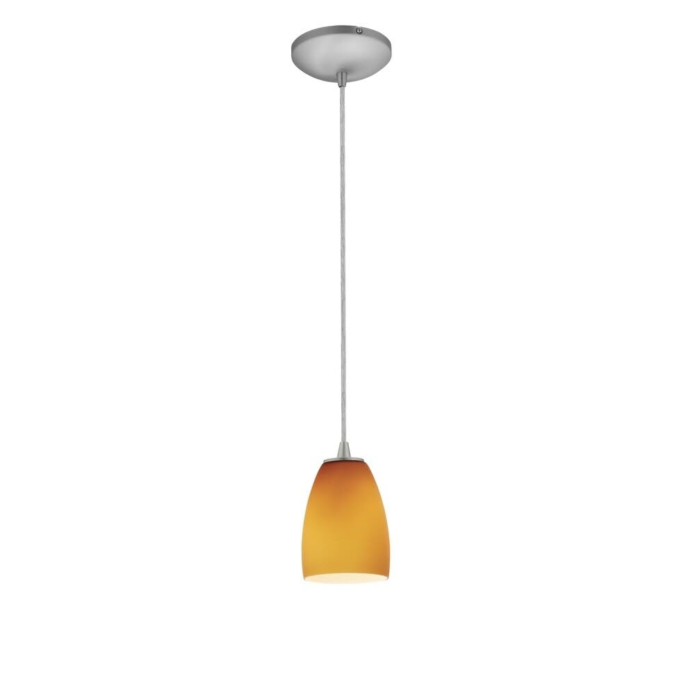 Sherry Glass Pendant - Cord - Brushed Steel Finish - Amber Glass Shade