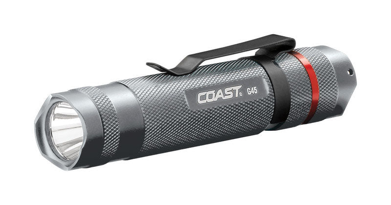 Coast G45 LED Flashlight, 385 Lumen BULLS-EYE Spot Beam, Aluminum, Silver, Model TT7345SCP