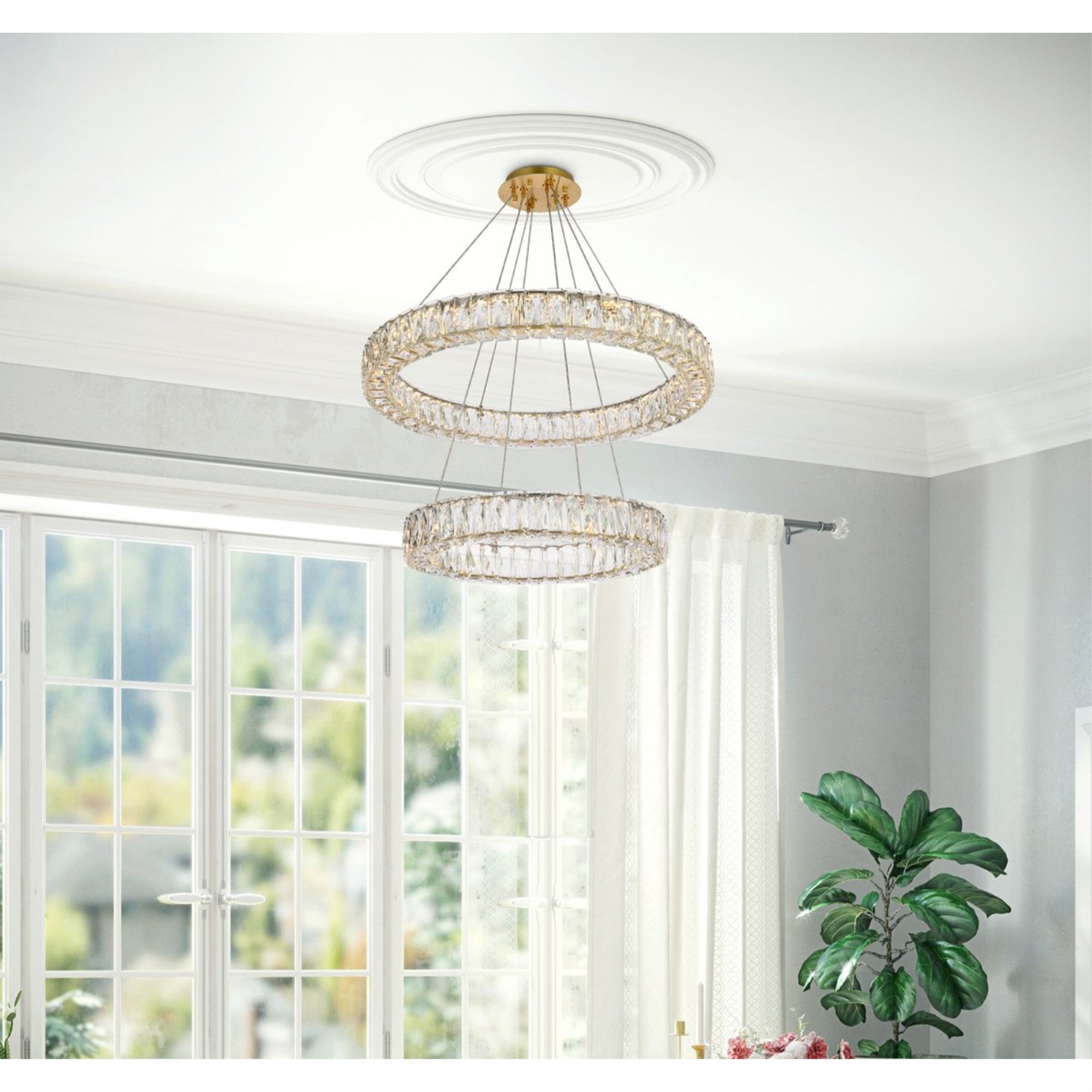 Elegant Lighting Monroe 28 Inch Led Double Ring Chandelier In Gold