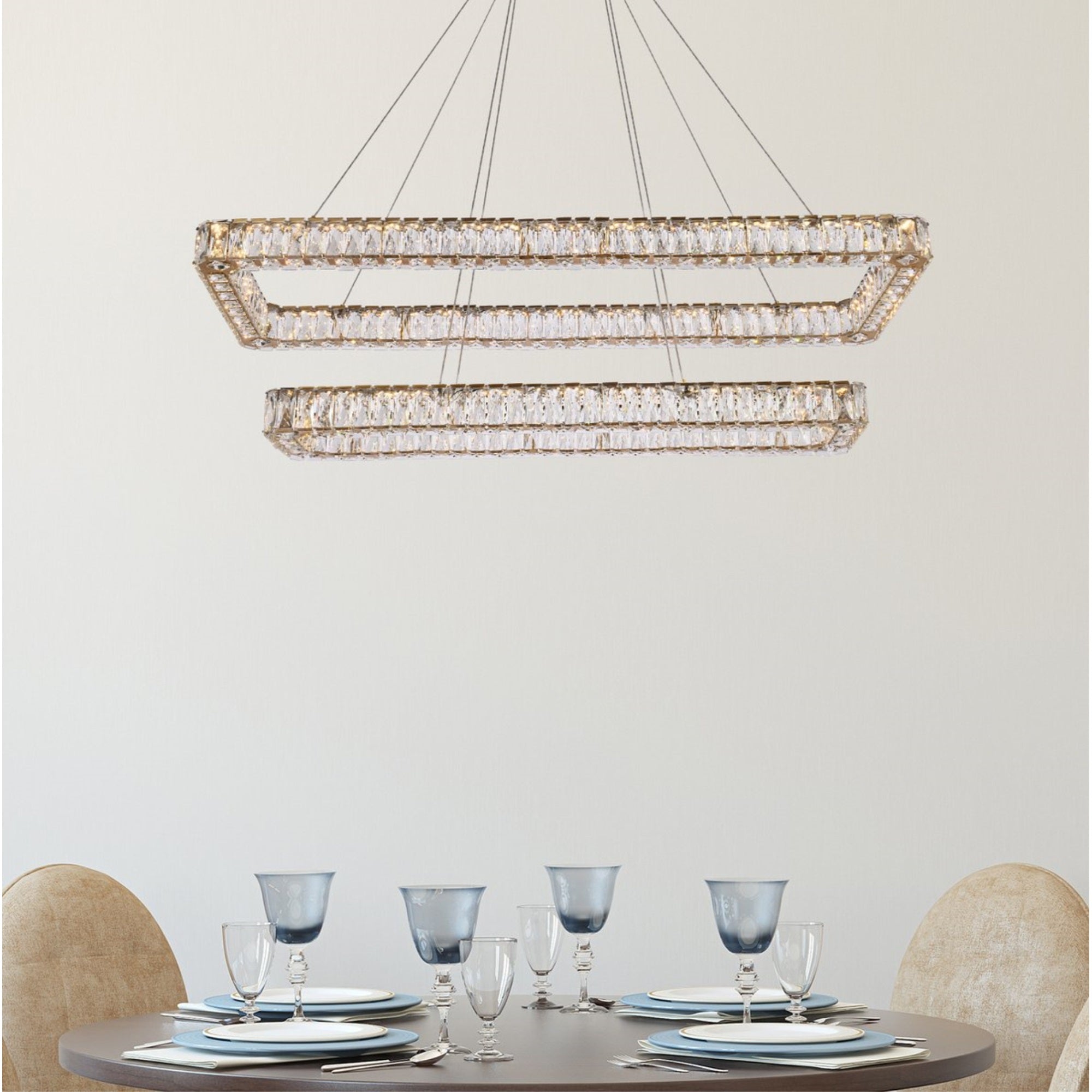 Elegant Lighting Monroe 50in LED Double Rectangle Pendant, Gold - Metal and Crystal, Model 3504G50L2G