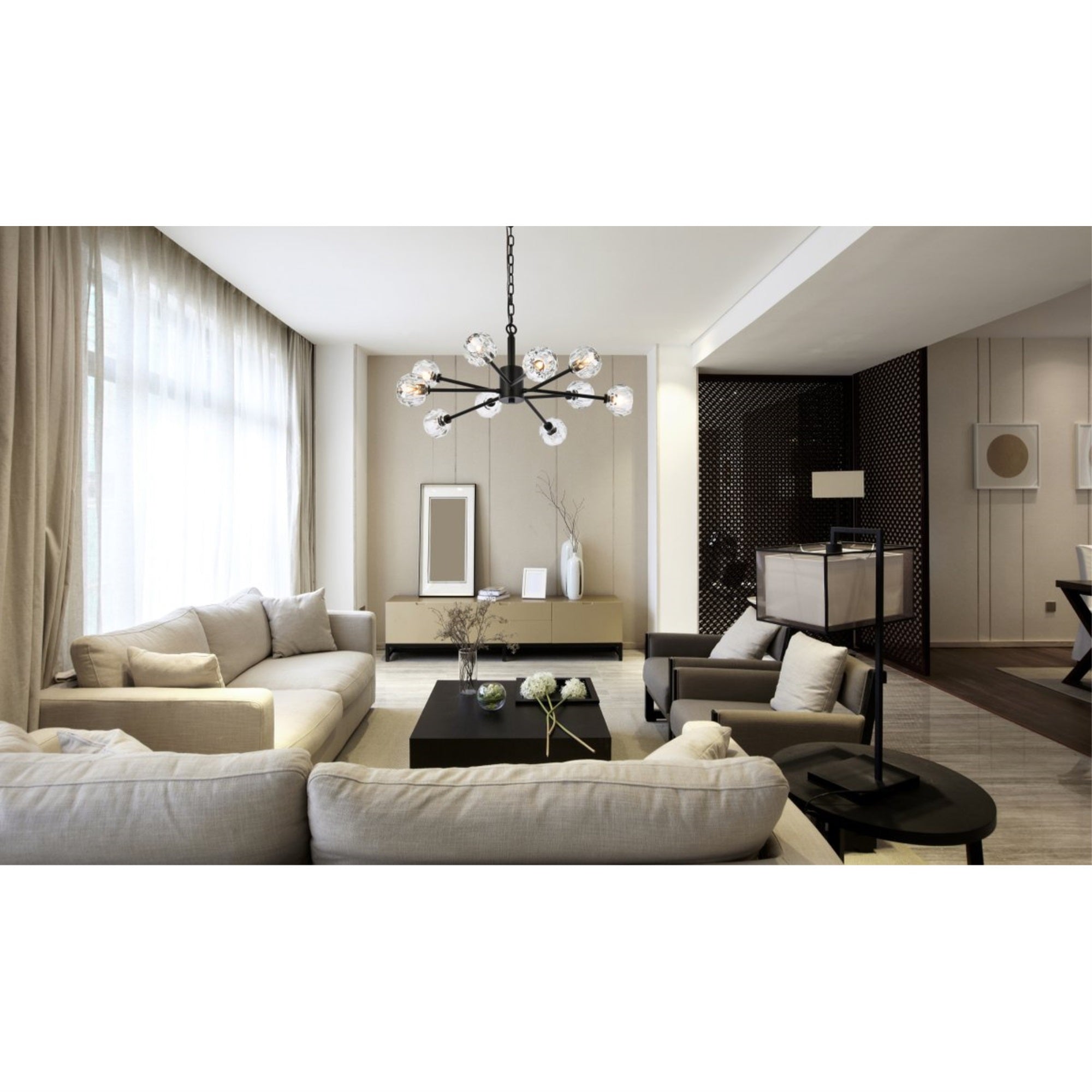 Elegant Lighting Graham 10 Light Pendant, Iron, 12x30x30, Black, Model 3509D29BK