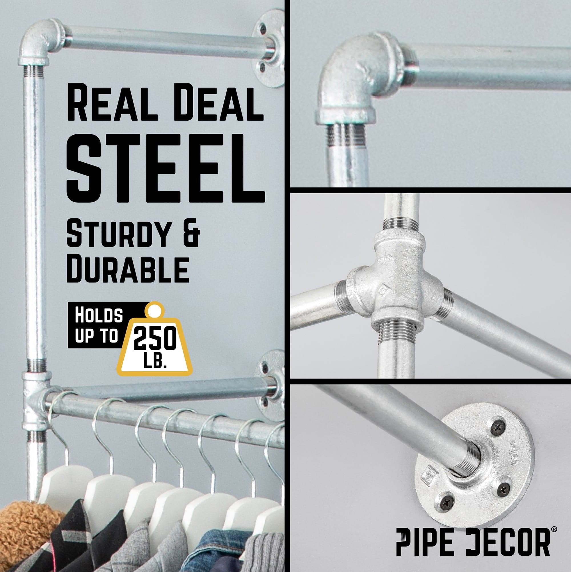 41 in. Galvanized Wall Mounted Clothing Rack, Single