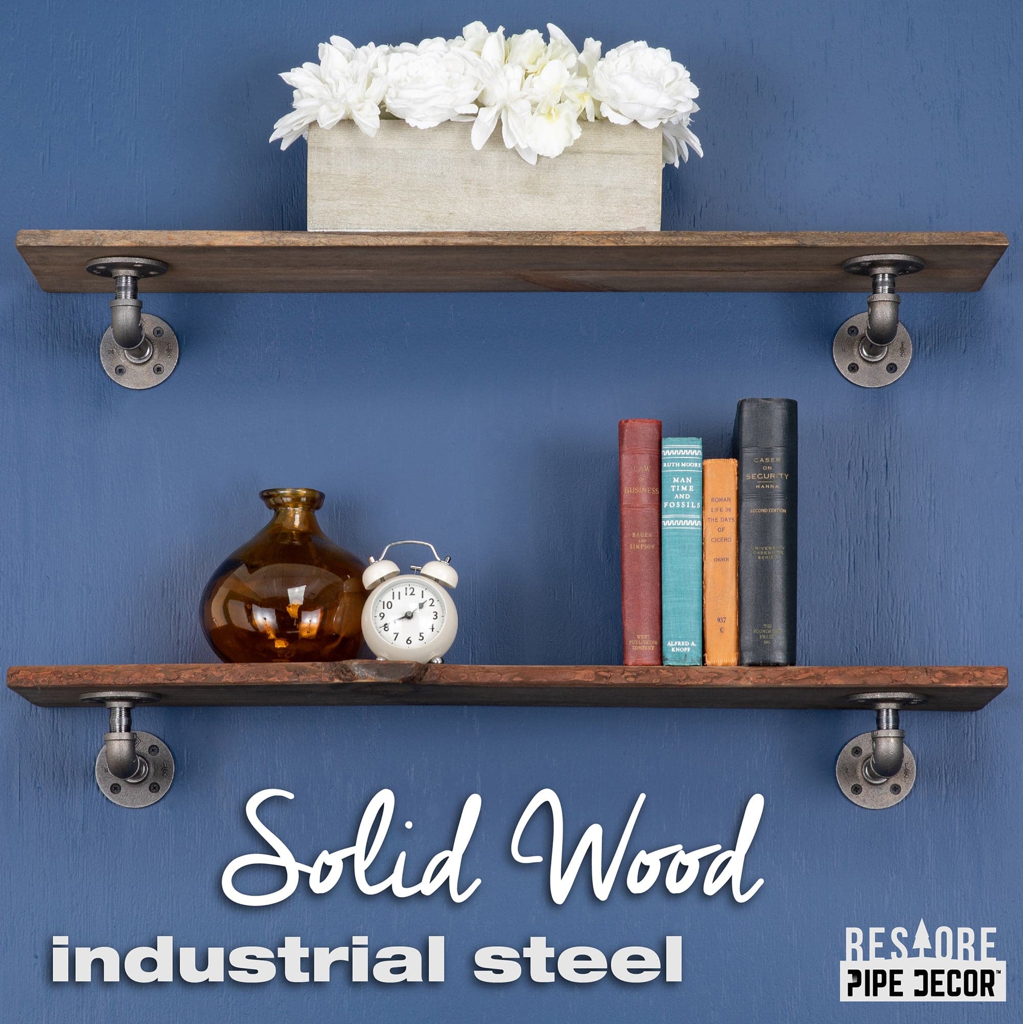 36” Boulder Black Live Edge Wood Shelf with L-Shaped Pipe Brackets (2-Pack)