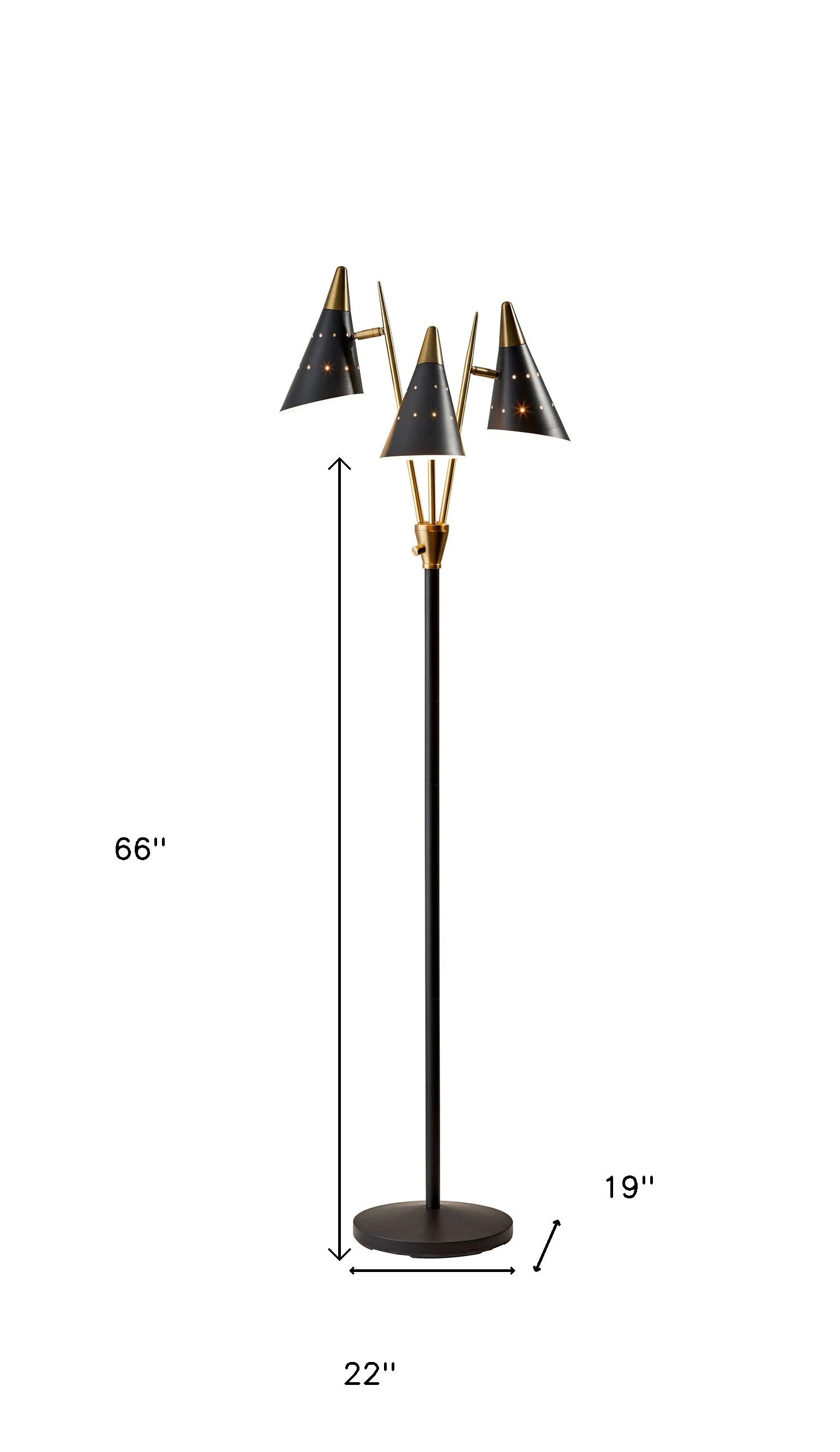 Homeroots 66&quot; Black Three Light Novelty Floor Lamp With Black Cone Shade
