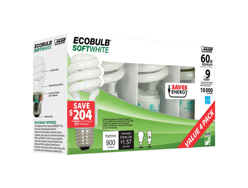 Feit Electric CFL EcoBulbs Value Pack, 13w=60w, Soft White, 4 Count, Model ESL13T/4, Glass
