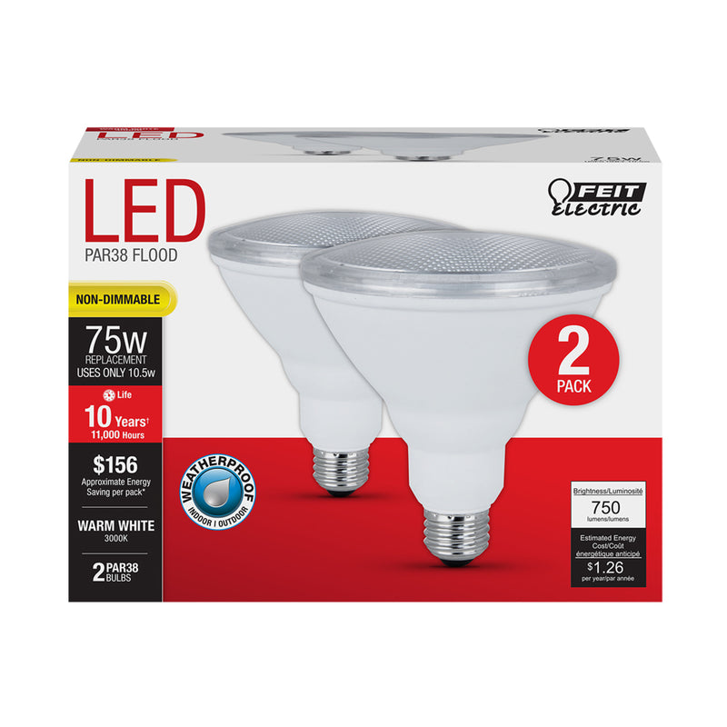 Feit Electric PAR38 LED Flood Light Bulbs, 75W Equivalent, 750 Lumens, 3000K Warm White, E26 Base, 2 Pack, Damp Rated