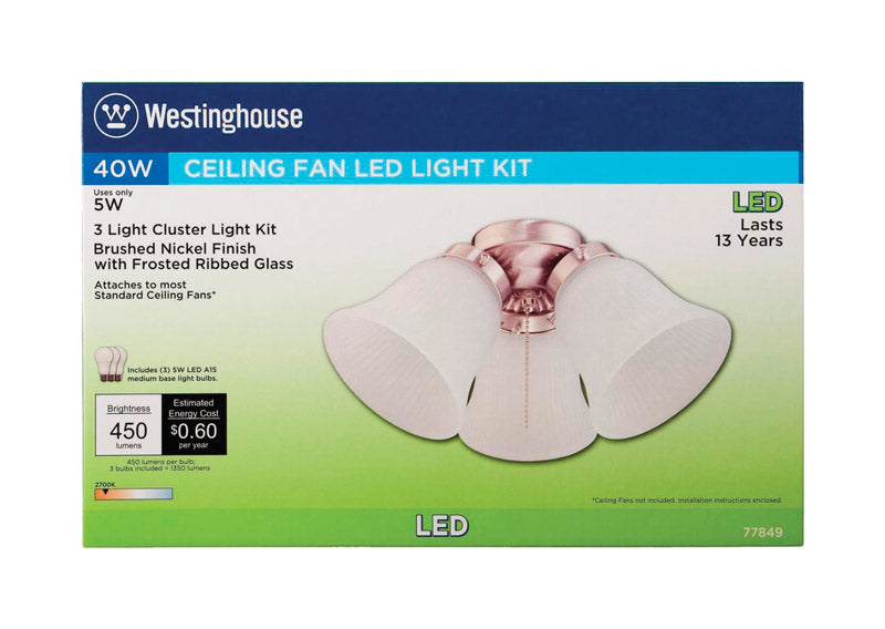 Westinghouse Three LED Cluster Ceiling Fan Light Kit, Brushed Nickel, Frosted Ribbed Glass, Model 7784900, White