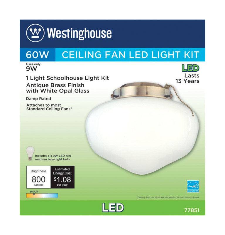 Westinghouse LED Schoolhouse Ceiling Fan Light Kit, Antique Brass Finish, White Opal Glass, Model 7785100, Indoor/Outdoor