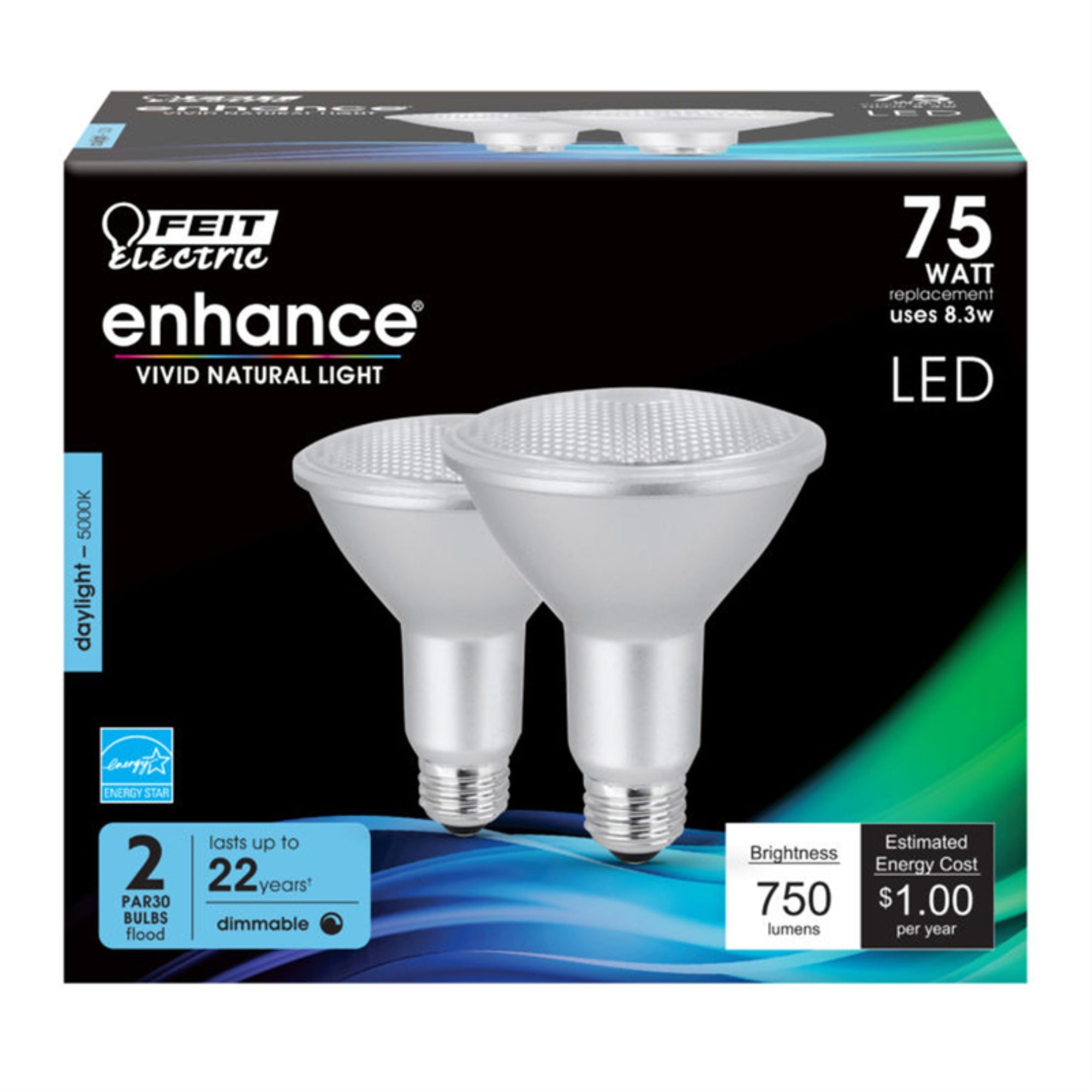 Feit Electric LED PAR30L Bulbs, Dimmable, 75W Equivalent, 5000K Daylight, 750 Lumens, E26 Base, 2 Pack