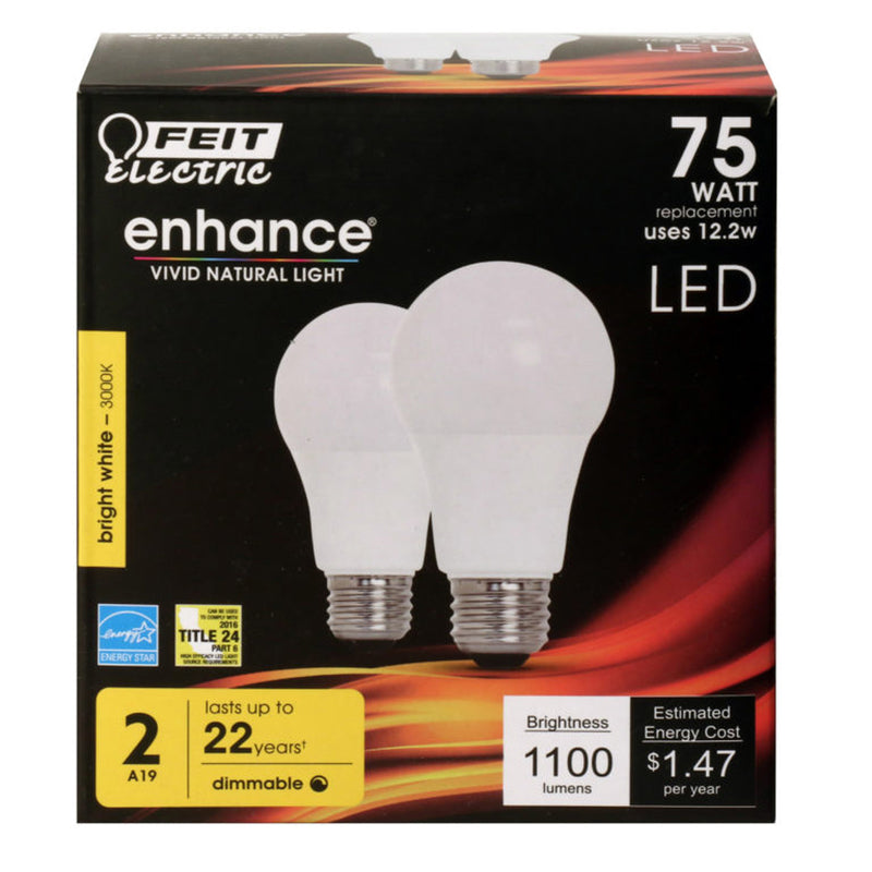 Feit Electric 75W A19 LED Bulb, 3000K, Plastic, Model OM75DM/930CA/2, One Size