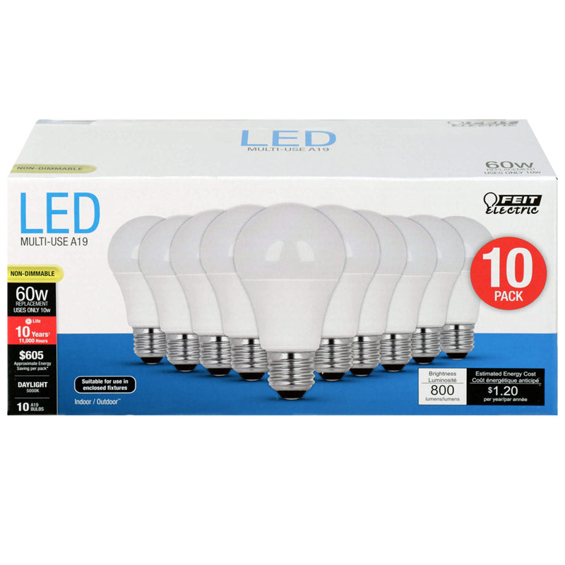 Feit Electric LED A19 Bulb 10W Soft White Non-Dimmable 800L 5K, 10 Count