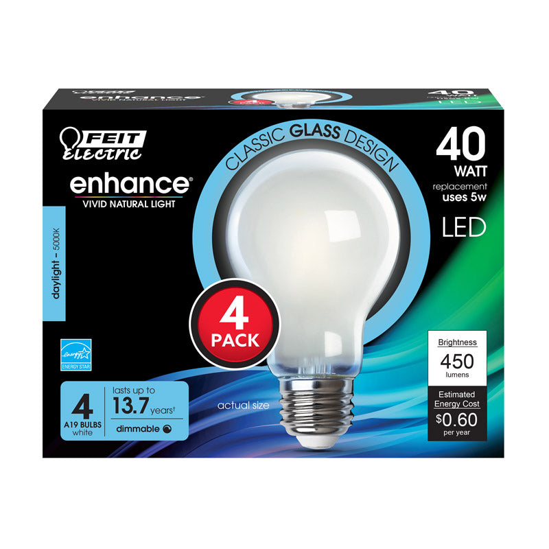 Feit Electric A19 LED Filament Light Bulbs, 40W Equivalent, Dimmable, E26 Base, 450 Lumens, 5000K Daylight, 4 Pack