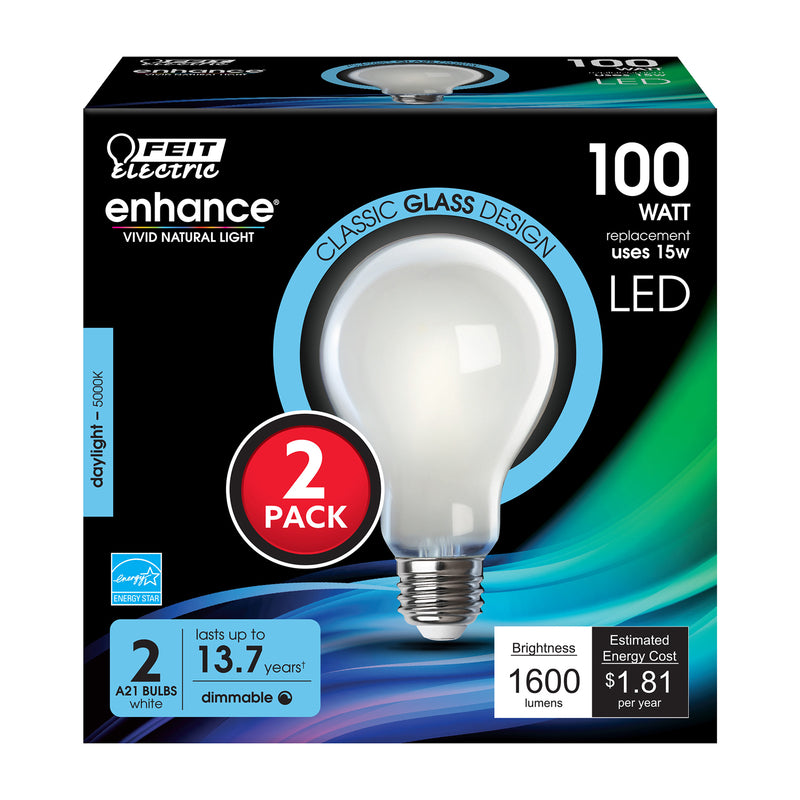 Feit Electric A21 LED Light Bulbs, 100W Equivalent, Dimmable, 1600 Lumens, 5000K Daylight, E26 Base, 2 Pack, Frost