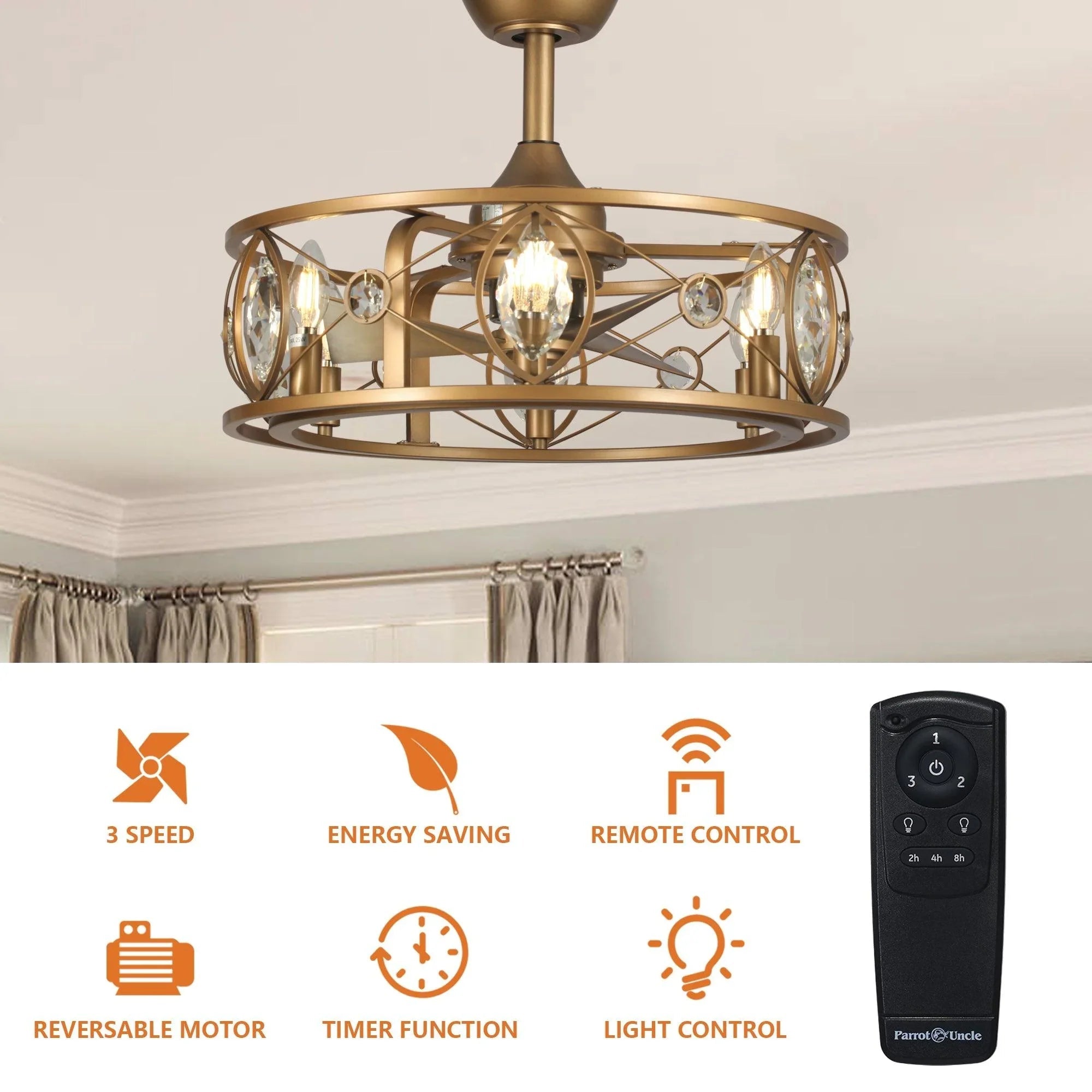 22" Kashmir Modern Glod Reversible Crystal Fandelier Ceiling Fan with Lighting and Remote Control