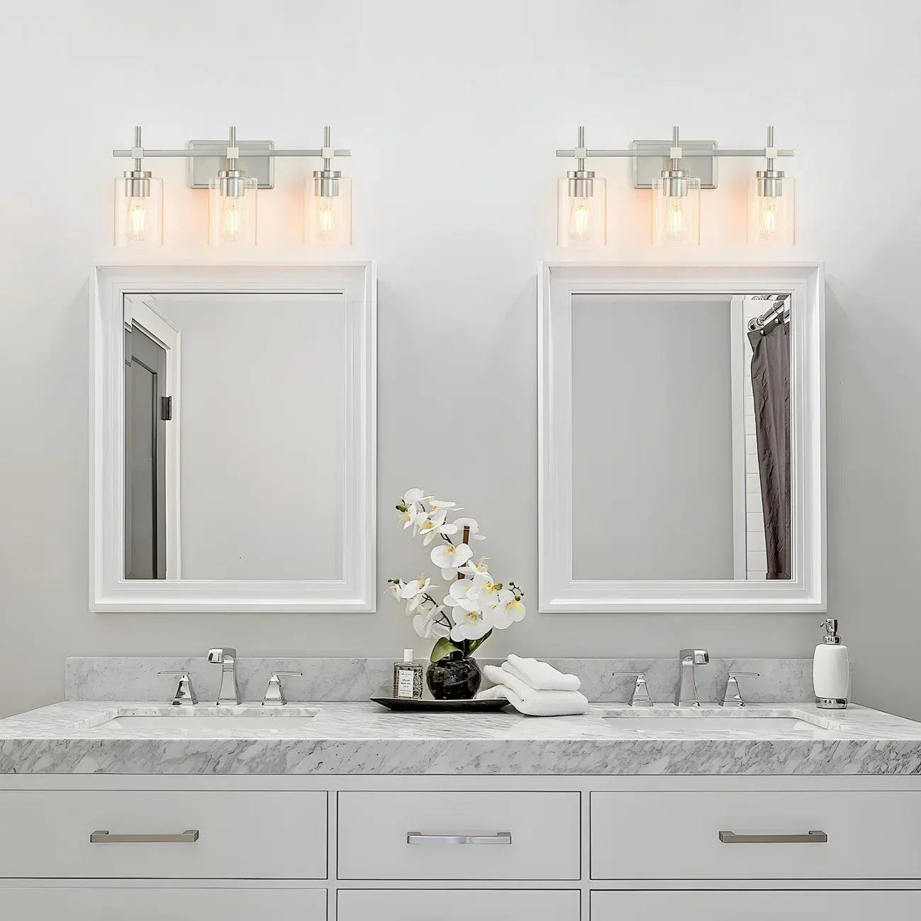 Jasper 3-Light Modern Clear Glass Bathroom Vanity Light, Black & Nickel