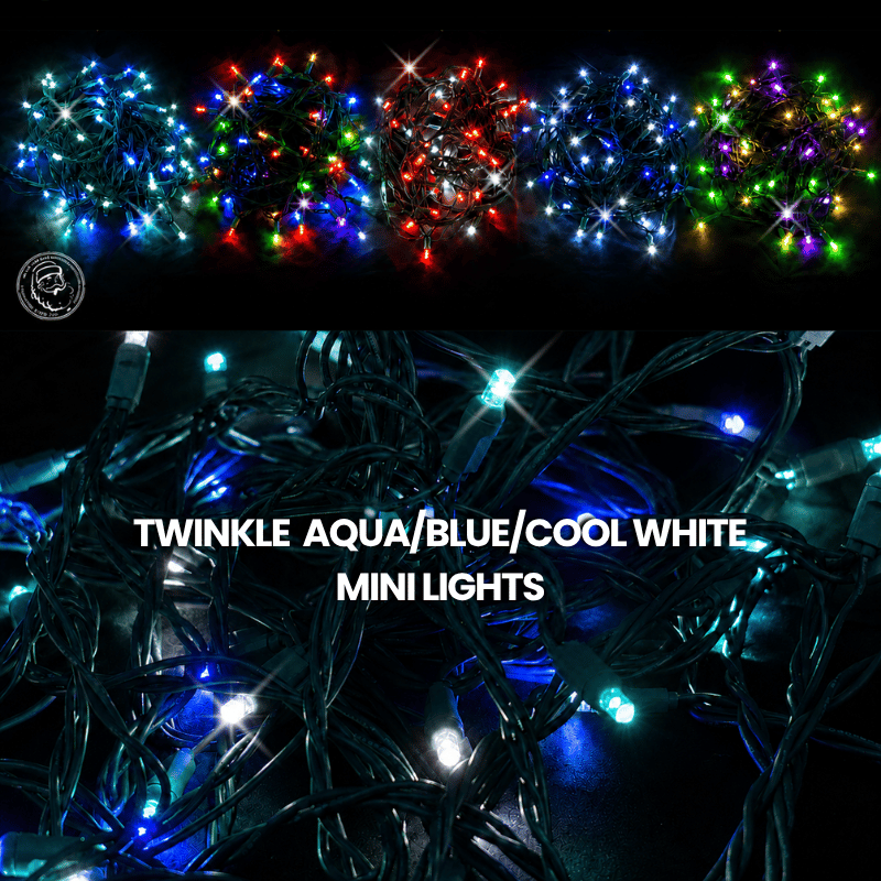 LED Mini Lights 5MM Aqua Blue and Cool White Twinkle  Green Wire- 6" Spacing