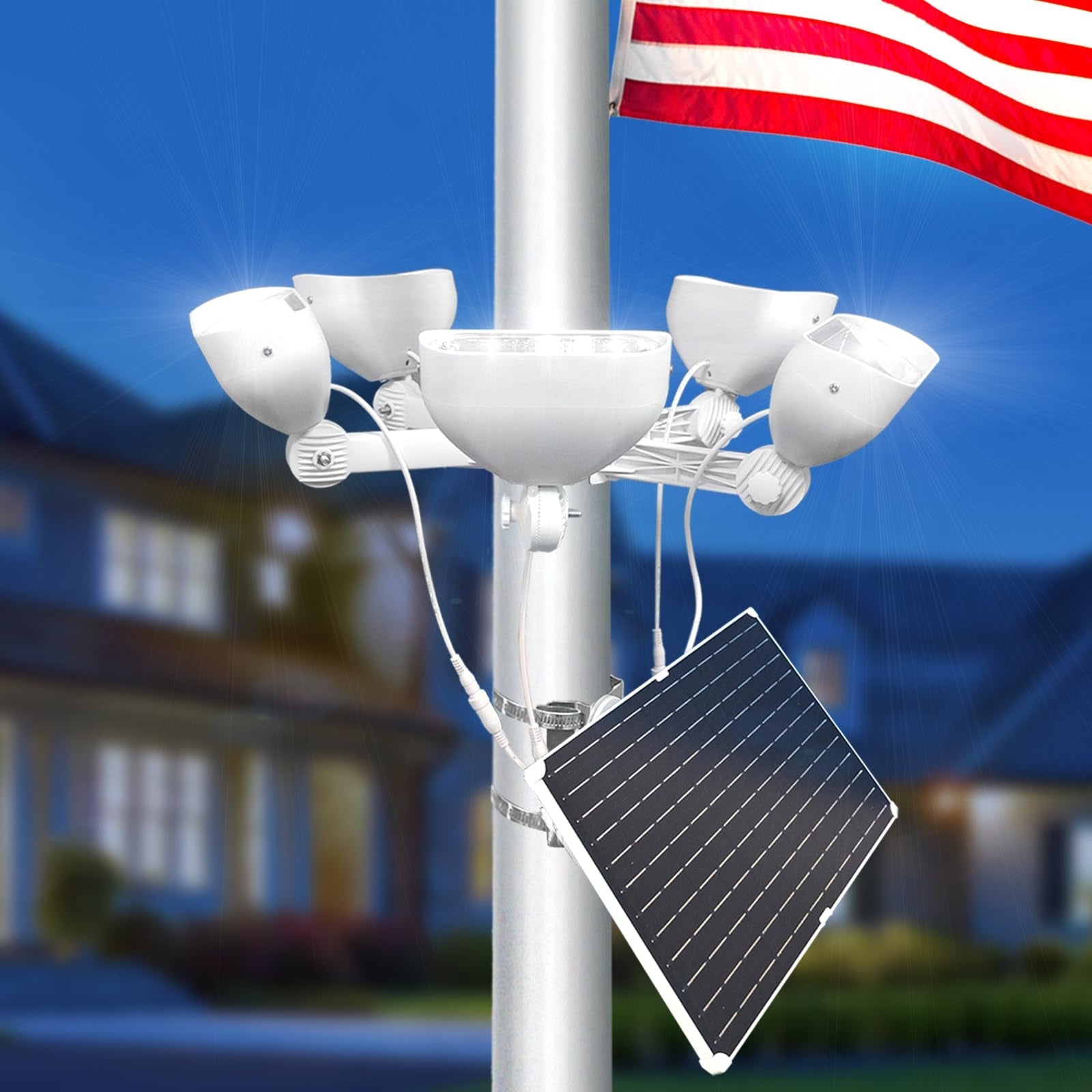 800W Solar Flag Pole Light for 15-40ft flagpole 5 Spotlights，Adjustable Clamps Fits 3-6''Diameter Inground Poles from Dusk to Dawn