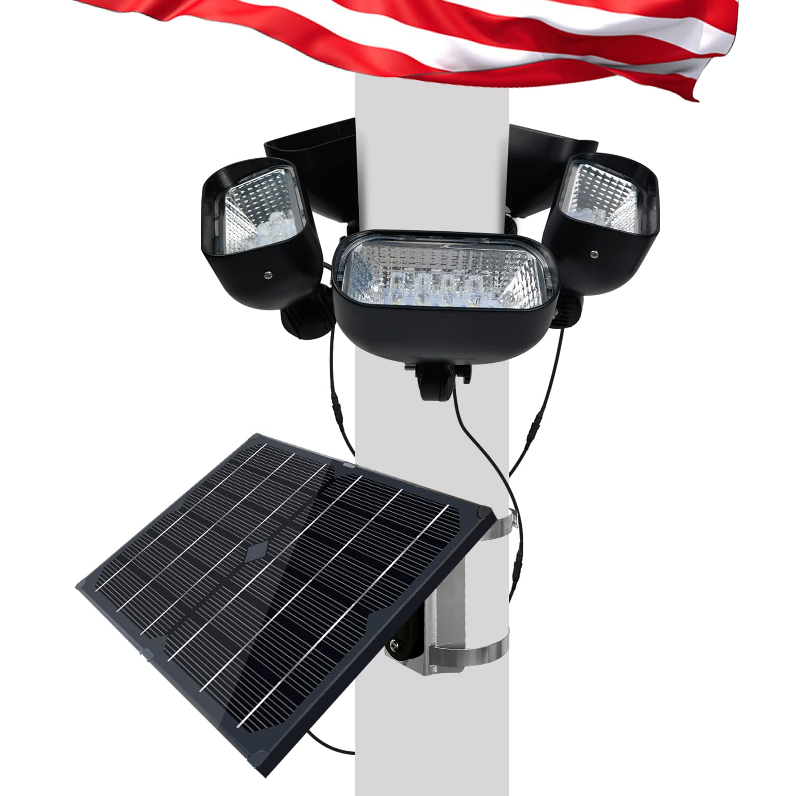 800W Solar Flag Pole Light for 15-40ft flagpole 5 Spotlights，Adjustable Clamps Fits 3-6''Diameter Inground Poles from Dusk to Dawn