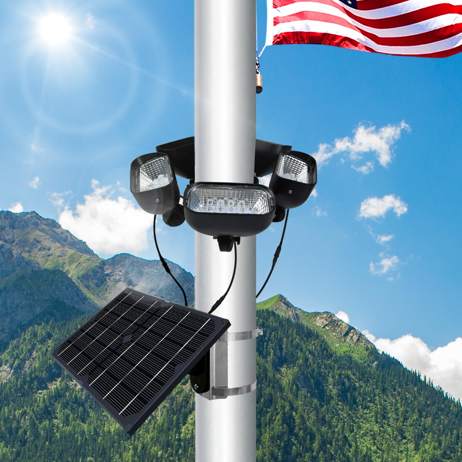 800W Solar Flag Pole Light for 15-40ft flagpole 5 Spotlights，Adjustable Clamps Fits 3-6''Diameter Inground Poles from Dusk to Dawn
