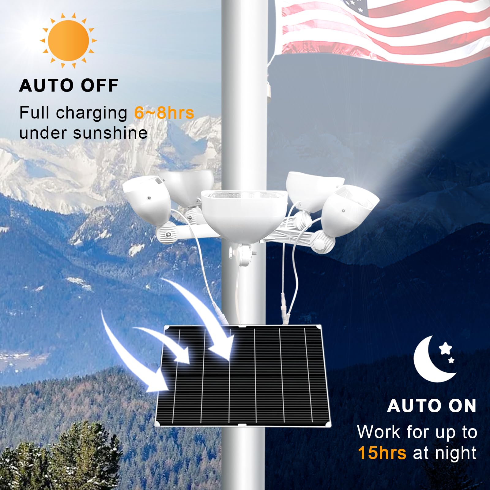 800W Solar Flag Pole Light for 15-40ft flagpole 5 Spotlights，Adjustable Clamps Fits 3-6''Diameter Inground Poles from Dusk to Dawn