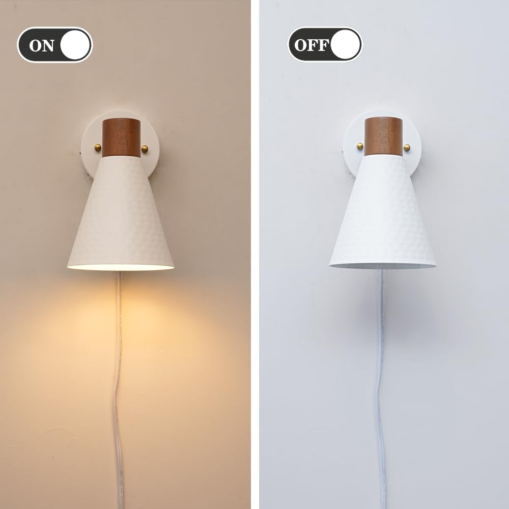 White Plug In Wall Sconces Set Of 2, Modern Wall Light With Plug In Cord, Wooden Plug In Wall Lamps With Hammered Metal Shade, Corded Wall Sconce Light Plug In For Bedroom, Living Room, Hallway