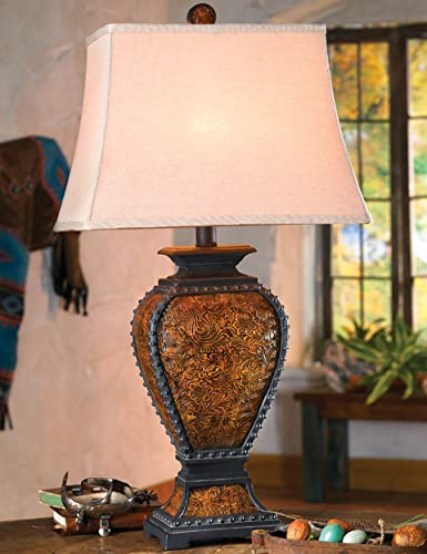 Black Forest D?Or Western Tooled Leather Table Lamp - Rustic Faux Leather Shade For Cabin Decor