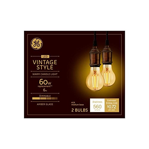 (2 bulbs) GE 48556 Vintage Style, Amber Glass A19 LED Light Bulb, 60 watt equivalent, 560 lumens, medium base, Dimmable