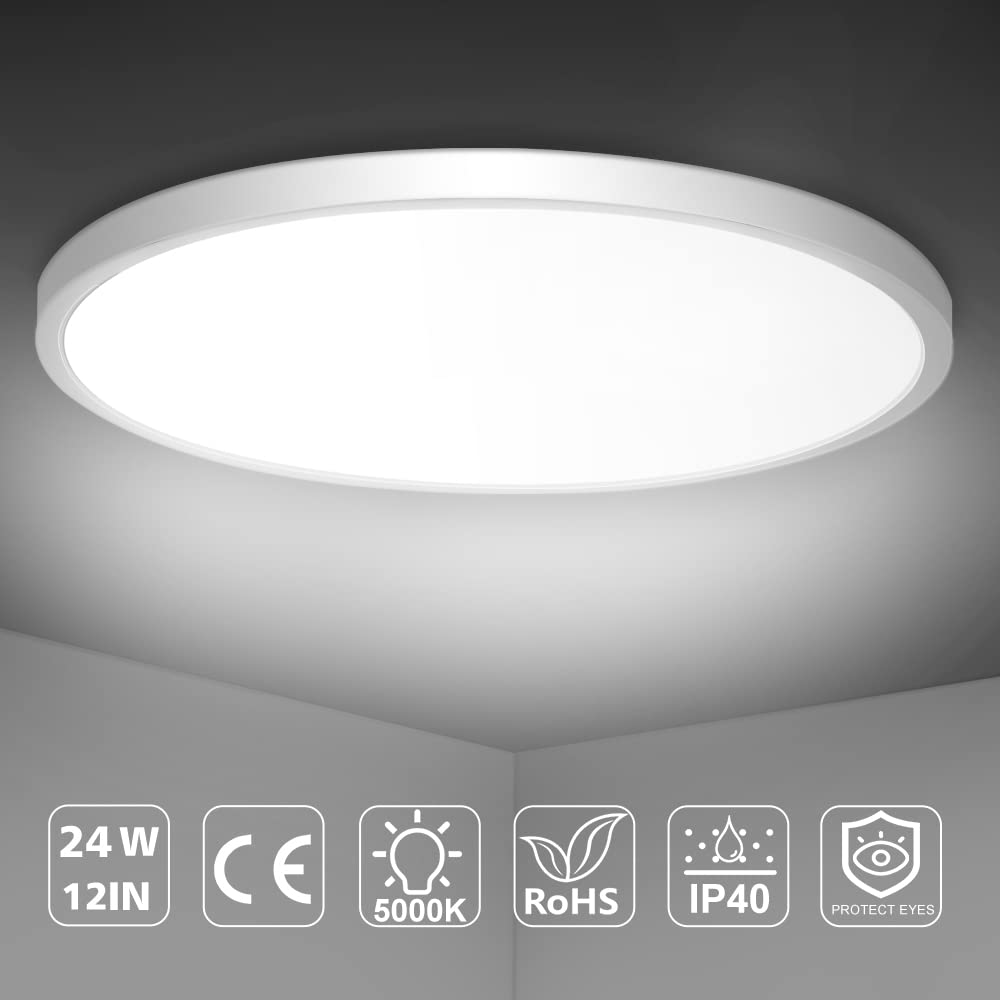 inShareplus LED Flush Mount Ceiling Light 24W Daylight White 12 Inch Plastic 3200LM for Bathroom Kitchen Bedroom Living Room