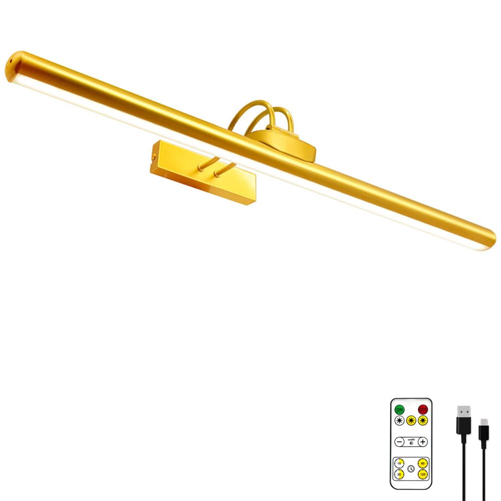 TIAUEU Wireless Picture Light, 26" Dimmable Art Display Light, Rechargeable Battery, Remote Control, Full Metal, Gold - 1 Pack