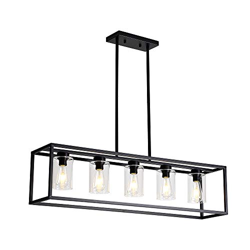 Xilicon Black 5-Light Farmhouse Pendant Lighting Fixture With Glass Shade For Dining Room