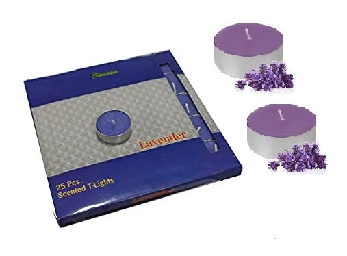 Stone & Feather, Lavender Scented T-Light Candles (Purple) Paraffin Wax Long Burning time 5 Hours Each, Pack of 25, for Diwali,