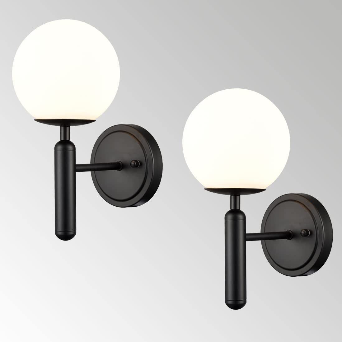 Diryzon Modern Globe Wall Light Fixture Set Of 2 Black Wall Sconces Bathroom Vanity Light With Opal Glass Shade For Living Room