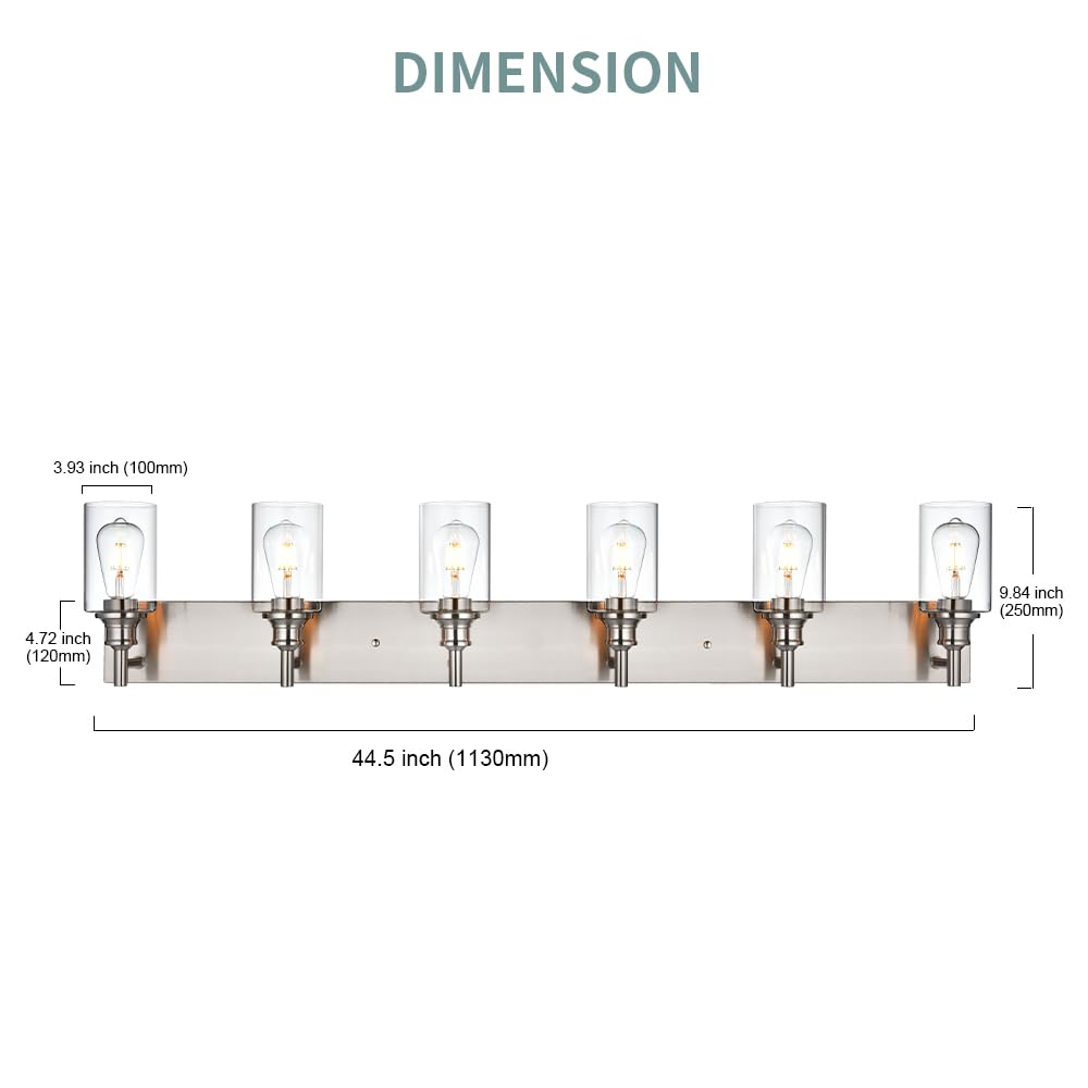 Wanluce Brushed Nickel 6 Light Fixtures For Bathroom Vanity Lights Industrial Modern Farmhouse Wall Lighting With Clear Glass Sh