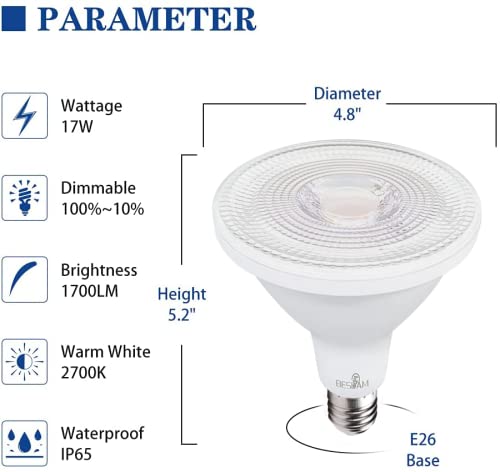 BESLAM PAR38 LED Flood Light Bulbs, 17W, E26 Base, 150W Equivalent, 2700K Warm White, Dimmable, 2-Pack