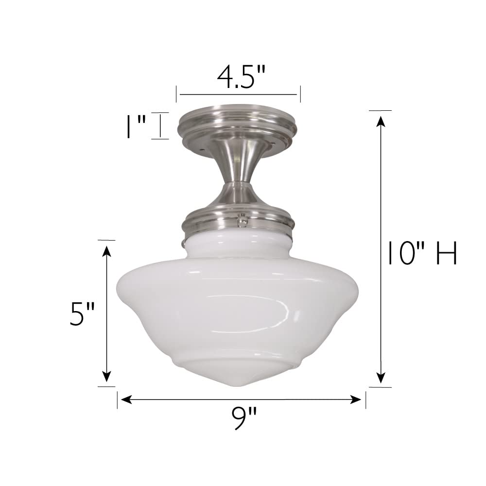 Design House Vintage-Inspired Semi-Flush Mount Ceiling Light, 9x9x10 in, Satin Nickel, White Glass Shade, Model 577494