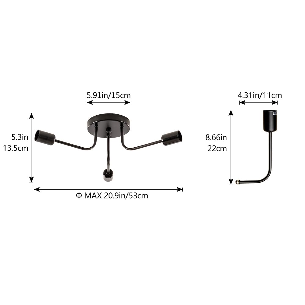 Plfann Industrial Semi Flush Mount Ceiling 3 Light With Adjustable Metal Branched Vintage Ceiling Light E26 Holder Black Painted