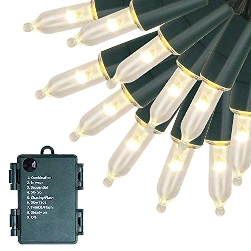 Blissun Christmas Lights  50-Count Green Wire Light Set  Battery Operated Christmas Mini String Light with 8 Modes  16 ft Fairy Lights for Christmas Tree Garden Wreath Decorations (1 Pack  Warm White)