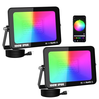YOJZMA 100W RGB LED Floodlights 10000LM Smart Flood Lights Outdoor with Plug with APP Control, Colour Changing,Timing Scene Ligh