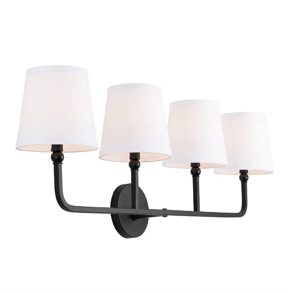 Capital Lighting Dawson Bath Vanity Wall Mount, 4-Light, Matte Black, 12inH x 35inW, Model 119341MB-674, Rustic White Fabric