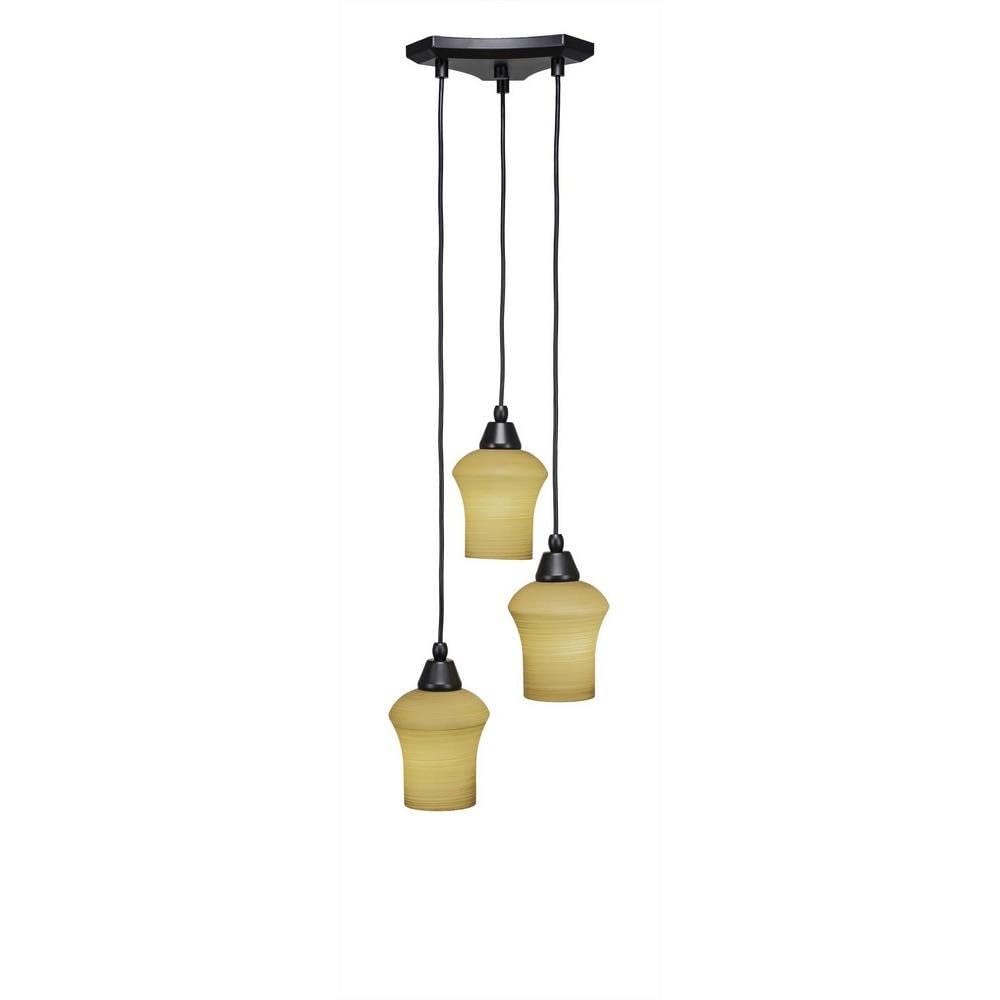 Toltec Lighting 28-Mb-680 Europa 3 Light Multi-Light Mini Pendant With Zilo Cayenne Linen Glass, 5.5&quot;, Matte Black