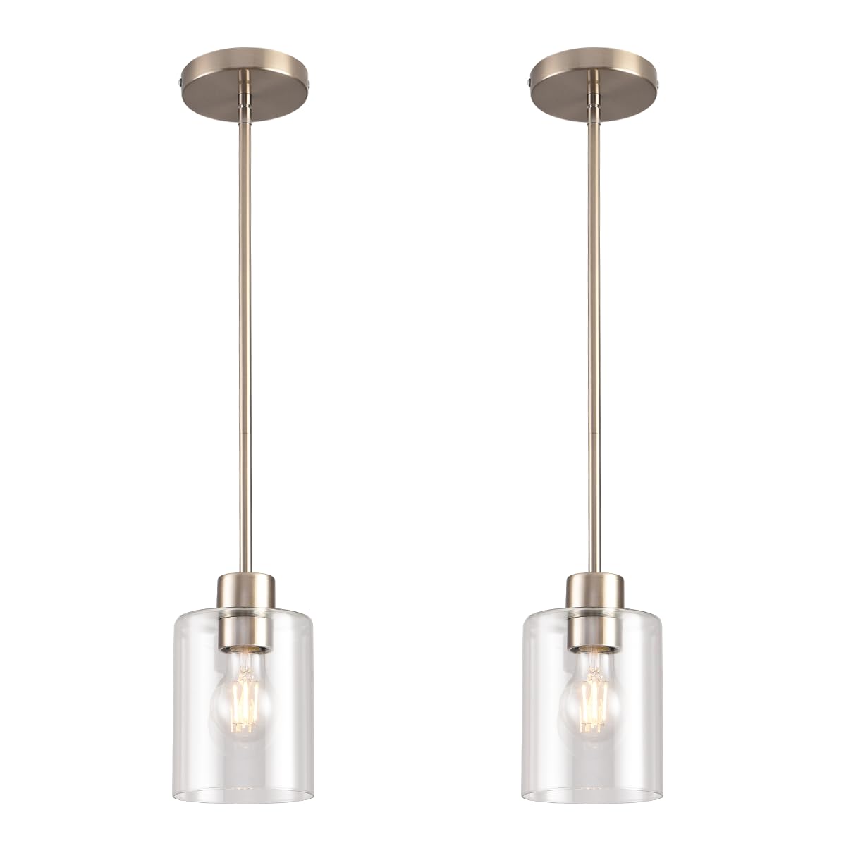 KLSS Brushed Nickel Pendant Light, Modern Farmhouse Design, Adjustable Height, Glass, Mini Hanging Light for Kitchen Island, 2 Pack
