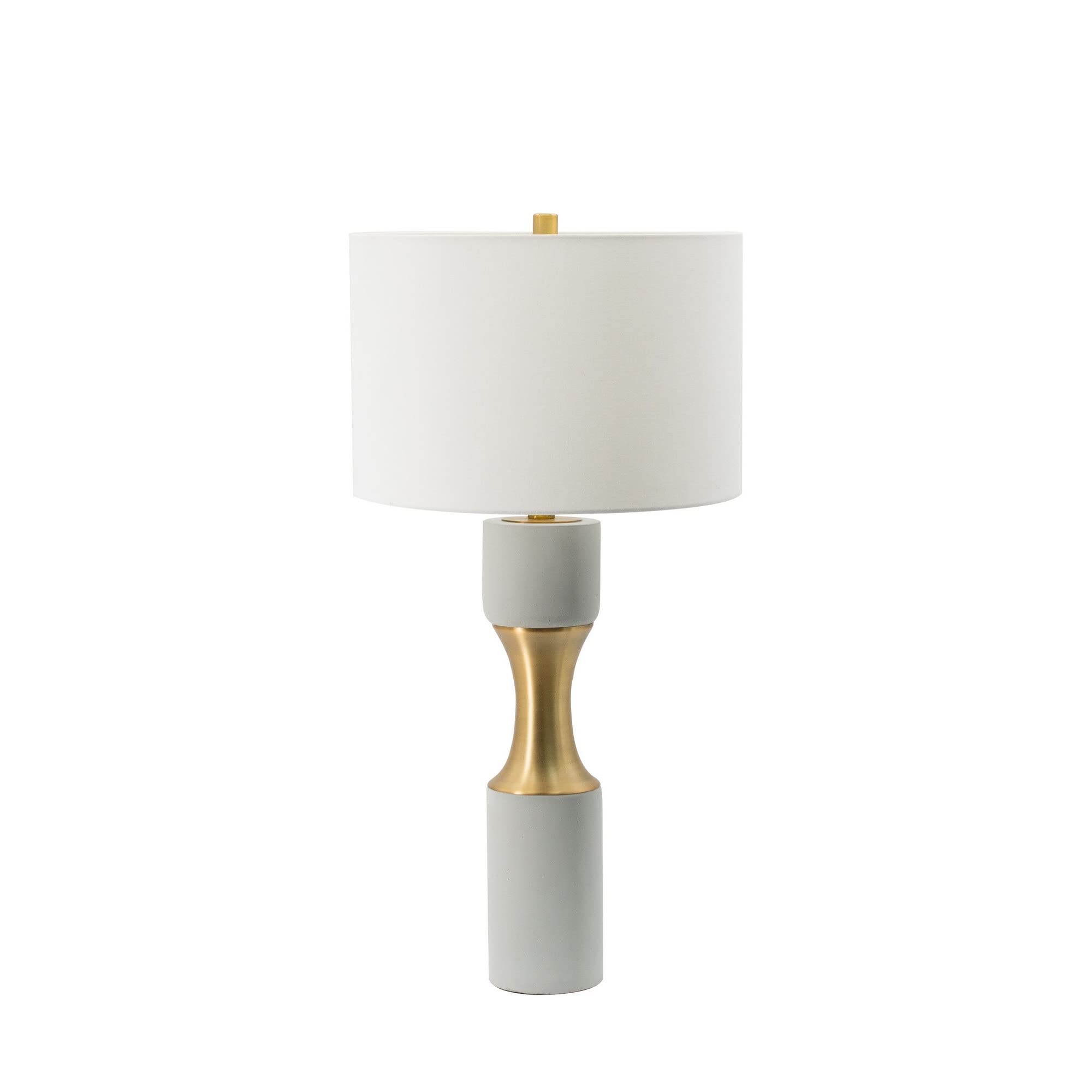 Benzara 30 Inch Table Lamp, Modern Drum Shade, Cement & Brass Base, White Gray Color, Model BM285323