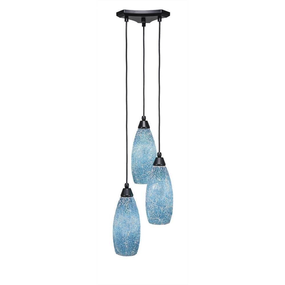Toltec Lighting 28-Mb-5065 Europa 3 Light Multi-Light Mini Pendant With Turquoise Fusion Glass, 5.5&quot;, Matte Black