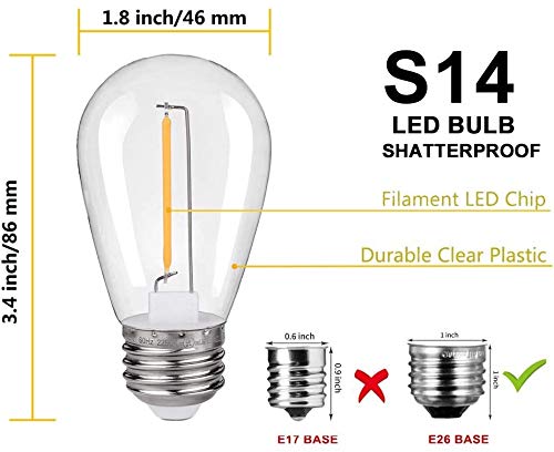 Kgc 25 Pack 1W S14 Replacement Led Bulbs, 2200K Warm White Waterproof Outdoor String Lights Vintage Led Filament Bulb, Shatterpr